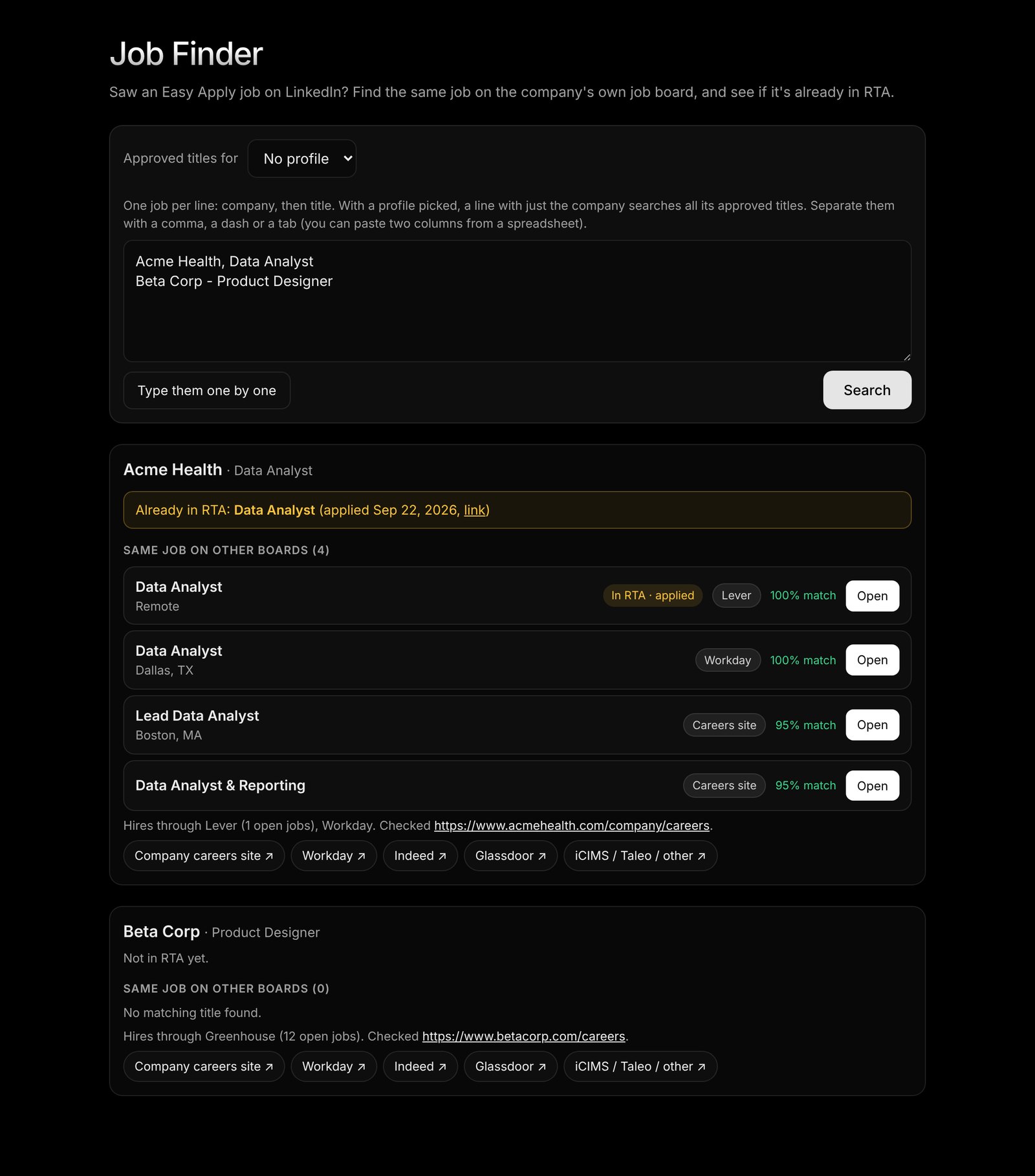 Job Finder results matching a job across company job boards