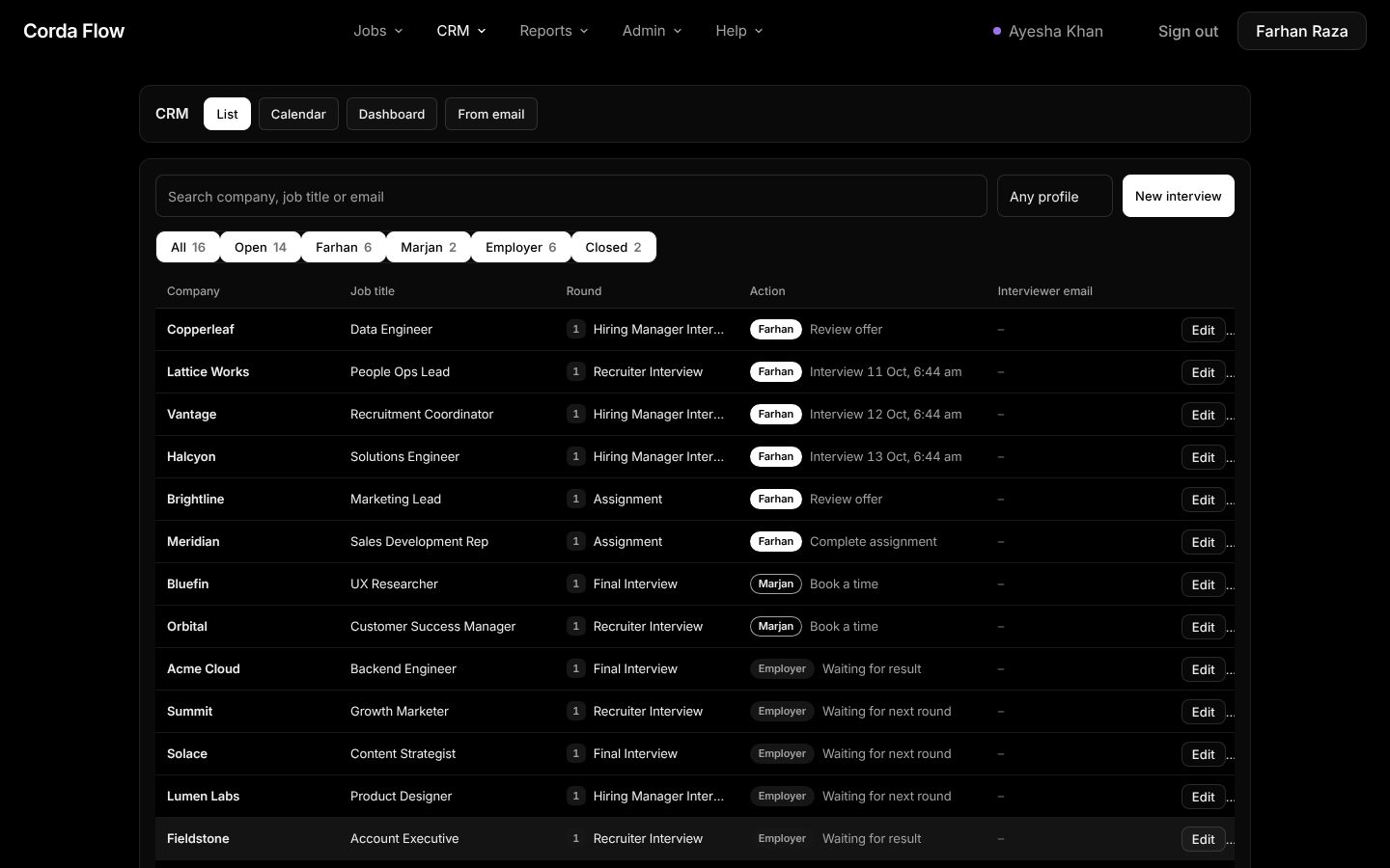 RTA CRM list of interview leads with round, next action and owner