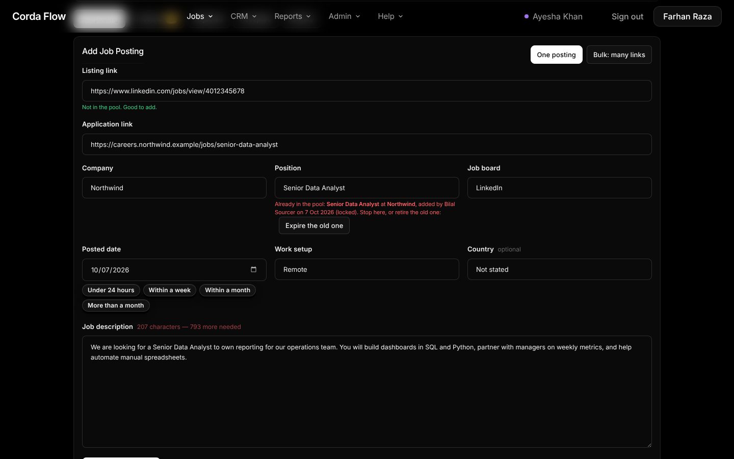 RTA Source page adding a job posting, with a duplicate warning under the position